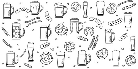 Background texture with beer mugs and snacks. Vector stylish graphics. Drawings for a beer bar, restaurant