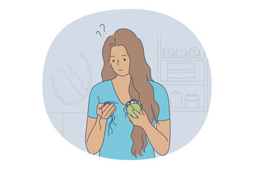 Losing hair concept. Young unhappy stressed woman cartoon character looking at hairbrush and finding much hair after combing. Baldness, Alopecia, hair loss concept 