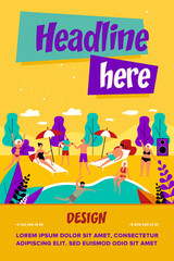 Happy people relaxing at party near swimming pool. Swimsuit, water, summer flat vector illustration. Weekend and vacation concept for banner, website design or landing web page