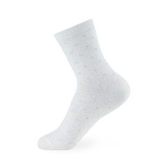Isolated white polka dot sock on invisible mannequin foot on white background, side view