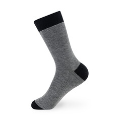 Isolated long gray men's sock on invisible mannequin foot on white background, side view