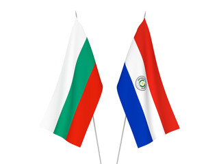 National fabric flags of Bulgaria and Paraguay isolated on white background. 3d rendering illustration.