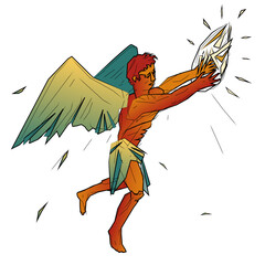 Flying Icarus with fire in his hands. On a white background. - 400186554