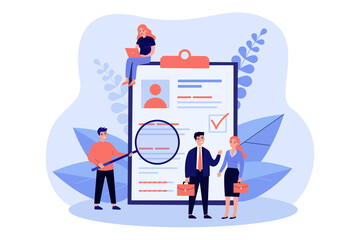 Fototapeta premium Tiny people checking application form for employment isolated flat vector illustration. Cartoon characters selecting resume or claim for job. Human research and recruitment concept