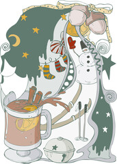 New Year ,Christmas illustration,festive night,glass with mulled wine,Christmas bell,snowman,gift socks,acorns with bow,month and stars in the sky