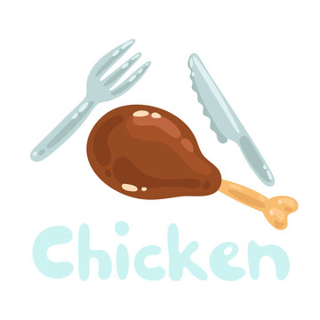 One chicken leg, a fork and a knife clipart icon. Vector isolated kawaii image on white background. Fastfood for restaurant menu design. Flat design image concept, top view. Doner kebab ingredient