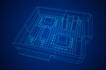 Circuit board in case. Electronic computer components motherboard.