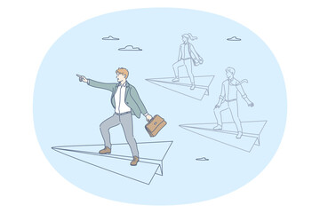 Success, leadership, business development concept. Happy young businessman standing and balancing on flying paper airplane as symbol of success and doing straight with motivation 