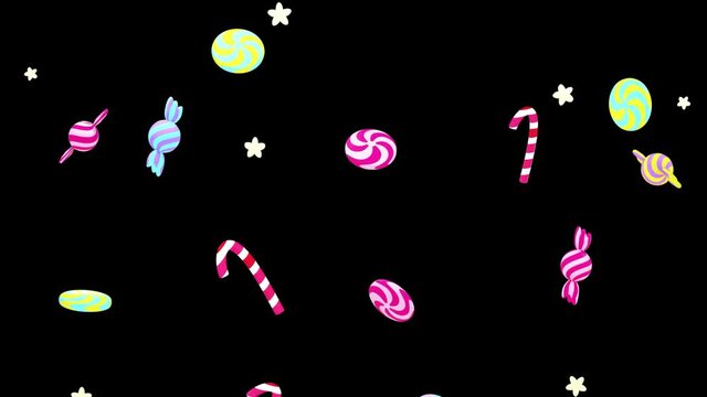 Looped falling candies on black background animation. 