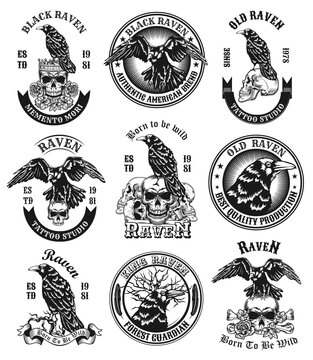 Black ravens emblems set. Monochrome design elements with human skulls, bones and crows with text. Horror or death concept for labels, stamps, tattoo studio signs templates