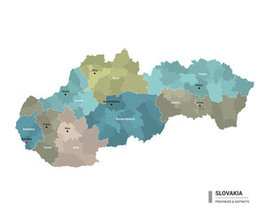 Slovakia higt detailed map with subdivisions. Administrative map of Slovakia with districts and cities name, colored by states and administrative districts. Vector illustration.