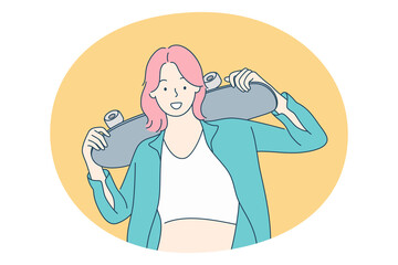 Riding on skateboard concept. Smiling positive teen girl cartoon character standing and holding skateboard for riding outdoors in summer. leisure activity, active lifestyle, extreme sport for teens © Dzianis Vasilyeu