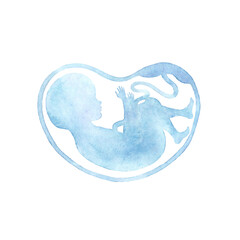 Baby in womb. Blue child silhouette.Watercolor hand drawn illustration.White background.	 - 400188176