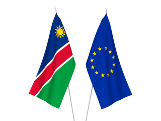 National fabric flags of European Union and Republic of Namibia isolated on white background. 3d rendering illustration.