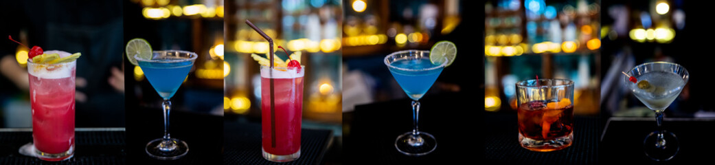 Photo collage Alcoholic whisky and wine and cocktails and drinks on the bar.