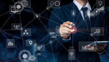 Hands of business people working with business candlestick chart and stock trading computer screen. Business stock planning concept.