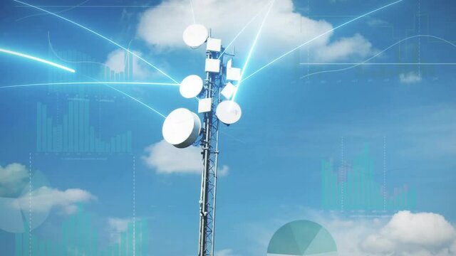 Cellular network signal tower on green meadow sends out data. 5G future telecommunications, binary data