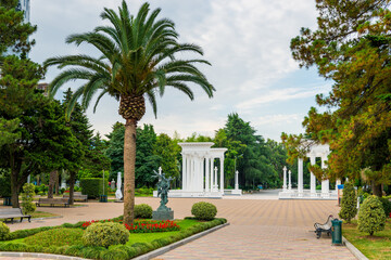 Fototapeta na wymiar Trees and flowers in the park on the boulevard in Batumi.