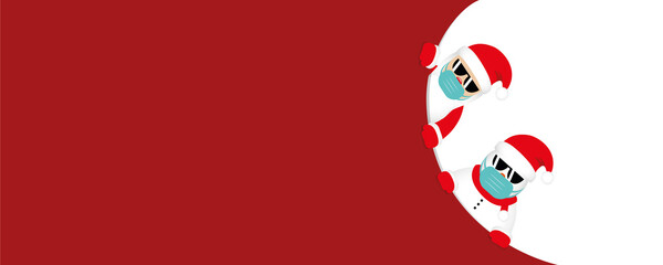 red christmas banner with cute santa claus and snowman with sunglasses and face mask vector illustration EPS10
