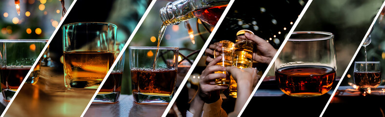 Collection of a glass of whiskey and wine on the bar.