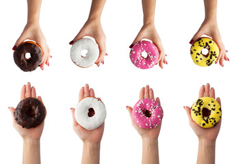 Set hand hold donut isolated on white background.