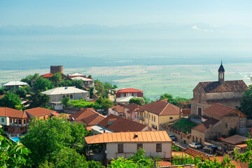 Fototapeta na wymiar The view on Signagi and Alazani valley, Georgia. Sighnaghi city of love in Georgia, Kakheti region.