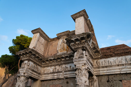 Rome, Forum of Nerva, detail of the section of the entablature of the "Colonnade" with the beautiful floral and figure decorations in the Roman Forum, next to the suburra and the Forum of Augustus. 