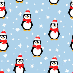 Seamless pattern with cute penguin in red head and scarf, On blue background. Good for wrapping, textile, fabric. Vector