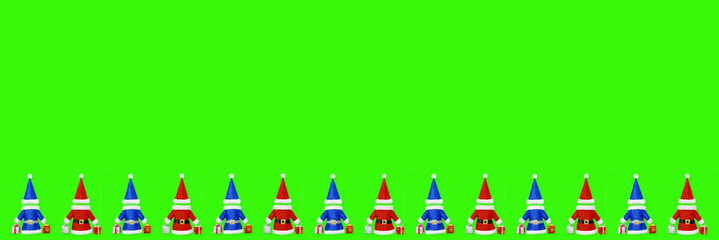 Christmas composition. Red and blue costumes of Santa Claus, which carry gifts for the New Year - holiday boxes tied with a ribbon with bows. Isolated on a green background. Ornament, banner