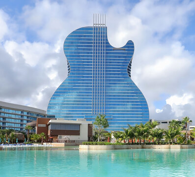 The Guitar Hotel, built by the Seminole Indian Tribe, with 638 guest rooms and many entertainment facilities, an unusual original design for a hotel in Hollywood, Florida, USA.