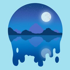 The landscape in the night. There are mountains, stars, a lake and the moon. The image is shaped in a circle with blot-alike drops. Blue tones are used.
