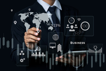 Hands of business people working with business candlestick chart and stock trading computer screen. Business stock planning concept.