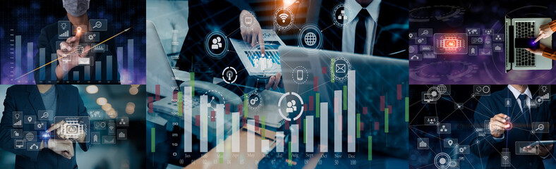 Business hands working on tablet  and laptop computer, network digital finance marketing chart, future technology innovation and digital transformation concept.
