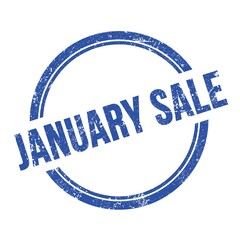 JANUARY SALE text written on blue grungy round stamp.