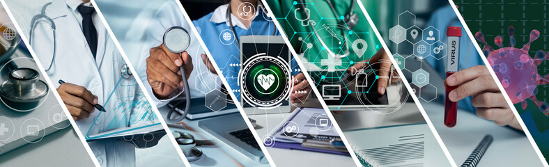 Medicine doctor hand touching icon medical network connection and modern virtual screen interface icons, Medical technology digital network concept,