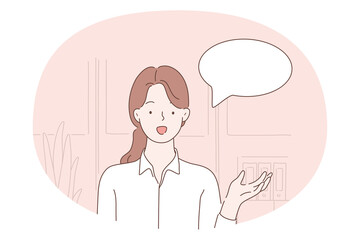 Obraz premium Communication, chat, speaking concept. Young smiling girl cartoon character standing and talking with speech bubble near vector illustration 