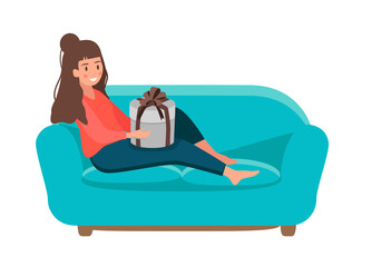 girl sitting on the couch. girl holding a gift box. vector. flat style. Eps
