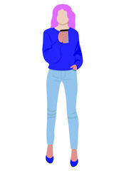 Girl with pink hair in a jumper and jeans with a paper cup of coffee in her hand