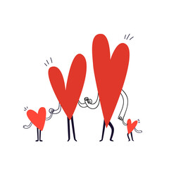 Obraz premium Family of characters in the shape of hearts are holding hands. Hand drawn doodle family with two children are standing in a row. Vector stock illustration in cartoon style on a white background.