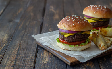 Burgers with meat, tomato, cucumber, cheese and onion. American cuisine. Fast food.