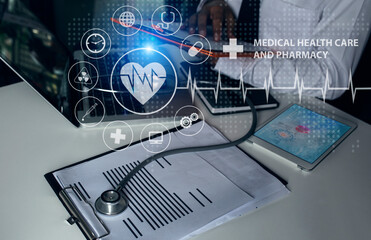 Medical technology and futuristic concept. Doctor hologram modern virtual screen interface.	
