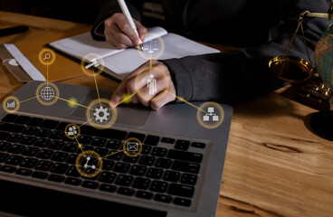 Concepts of Law and Legal services. Lawyer with law icons.