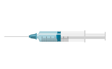 The medical syringe is placed horizontally on a white background. It can be used for posters advertising vaccination, medical websites, packaging design of medical devices