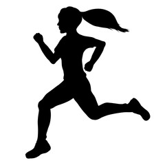 running girl with long hair, black silhouette