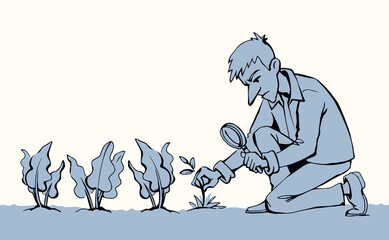 A man with a magnifier is looking for weeds. Vector drawing