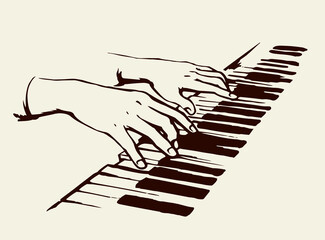 Hands on piano keyboard. Vector drawing © Marina