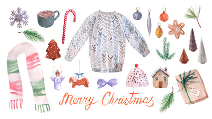 Christmas set consisting of hand-drawn watercolors knitted clothes, Christmas decorations, drinks and sweets.