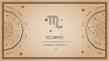 Scorpio background, zodiac sign. Horoscopes, forecasts. Template and design for website page, article, cover, poster, envelope for money with wishes. Vector, in beige colors