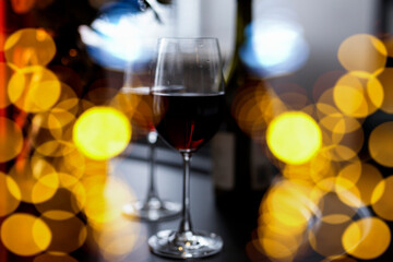 Cheers clinking of friends in party. Whisky glass and wine glass, party, bartender food and drink concept.	