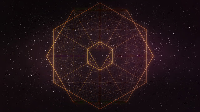 Glowing gold sacred geometry, hexagon abstract line art in space - background